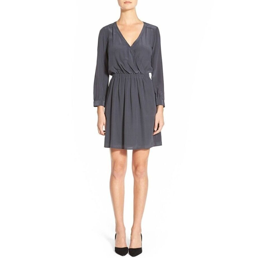 Madewell Kali Dress Womens Size 0 Dark Gray Silk Surplice Faux Wrap Long Sleeve - Picture 1 of 8